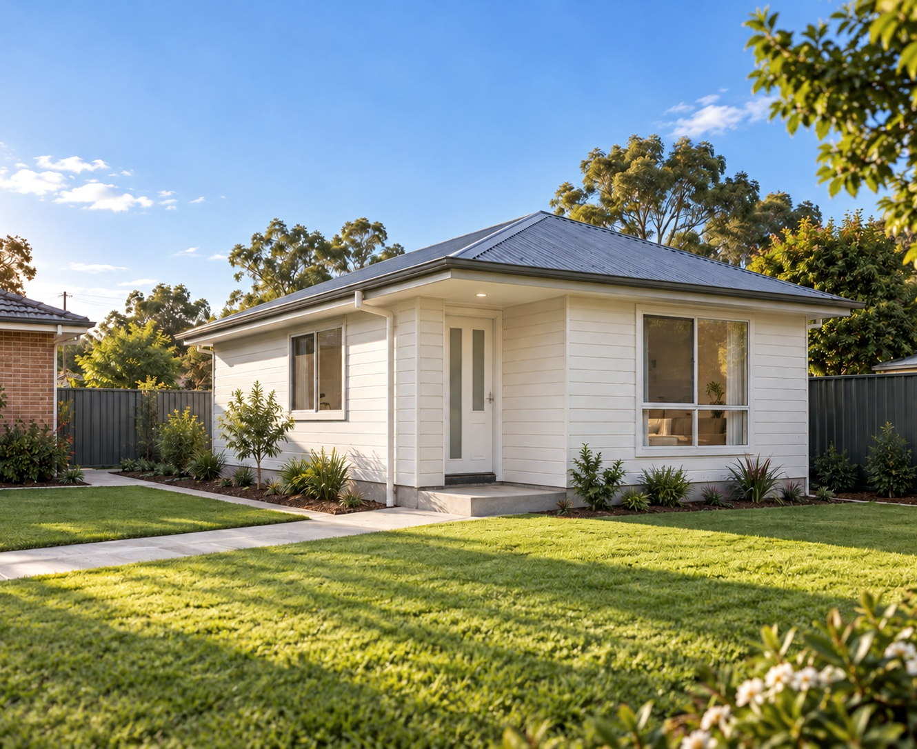 Compact white weatherboard second dwelling in an established backyard